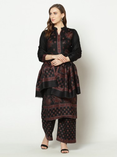 Women's Winter Acro Wool Woven Suit with Stole - Unstitched Black