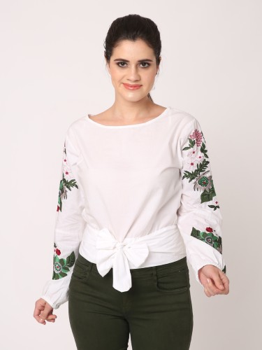 Patterned Arms Pure White Top | Stylish & Versatile | Buy Now