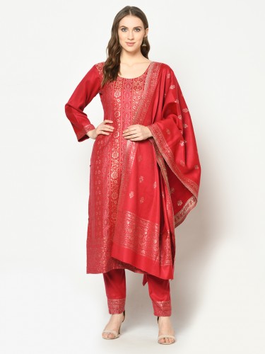 Stylish Unstitched Red Wool Woven Suit & Dupatta for Winter