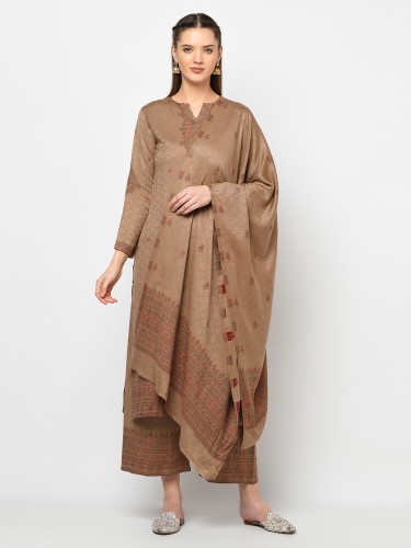 Unstitched Women's Winter Acro Wool Woven Suit with Stole - Brown
